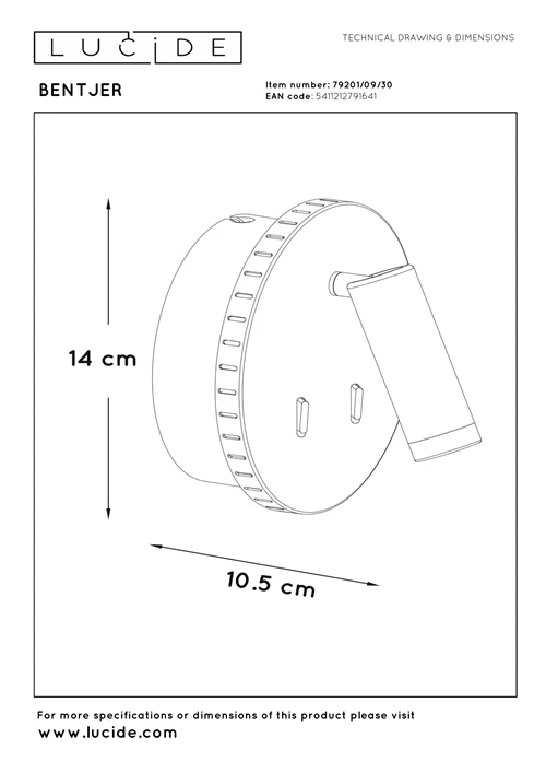 Lucide BENTJER - Lámpara de cabecera / Lámpara de pared - Ø 14 cm - LED - 3000K - Negro - técnico